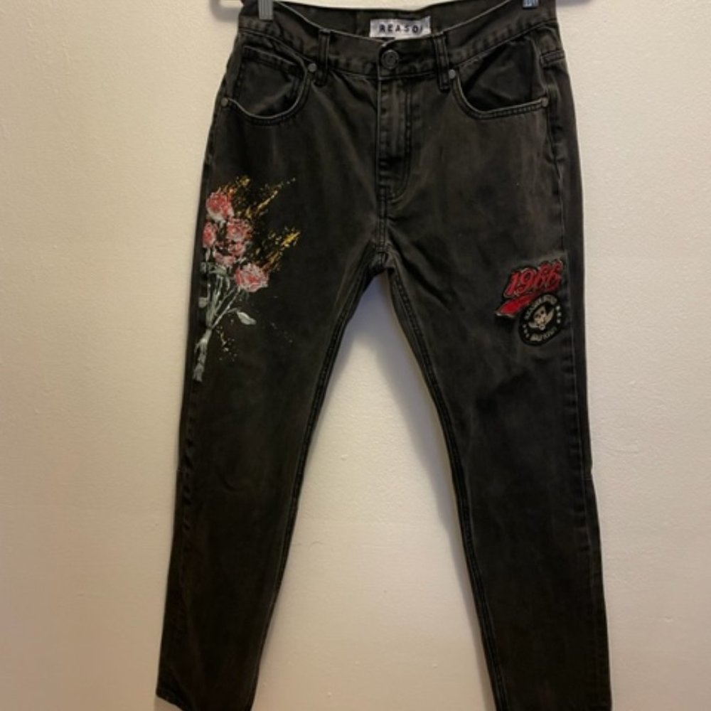 Reason premium denim black straight leg jeans with print and embroidery NWOT